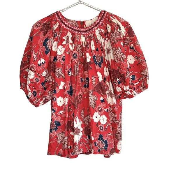 Ulla Johnson Tops - Ulla Johnson Celie Blouse Top Sz 0 Boho Floral Cottage Embroidered Red Puff Sl